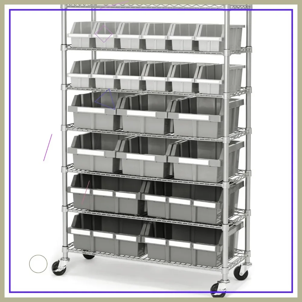 

7-ярусная стеллажная система для хранения с 22 контейнерами, сертифицирована NSF для коммерческого использования, отделка цвета платиновый серый