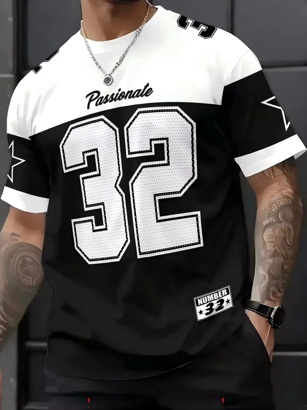 Mens Number 32 Print TShirt American Vintage Style Streetwear Color Block Design Trendy Casual Tee Soft Comfortable Men Clothing