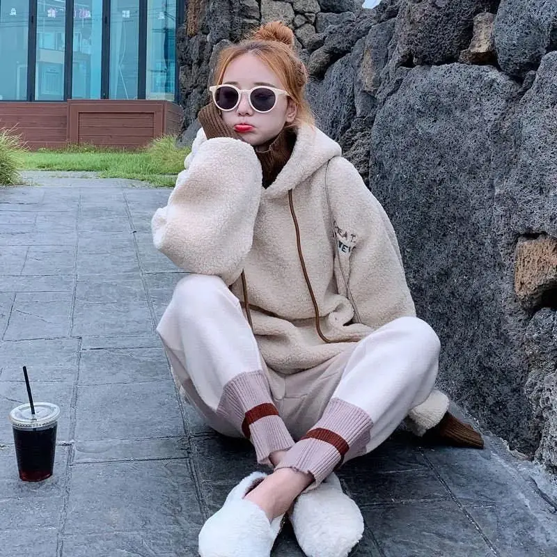 Imitation Lamb Wool Suit Women\'s Autumn and Winter Korean Version Loose Fake Two-piece Top Woolen Pants Two-piece Set Trendy