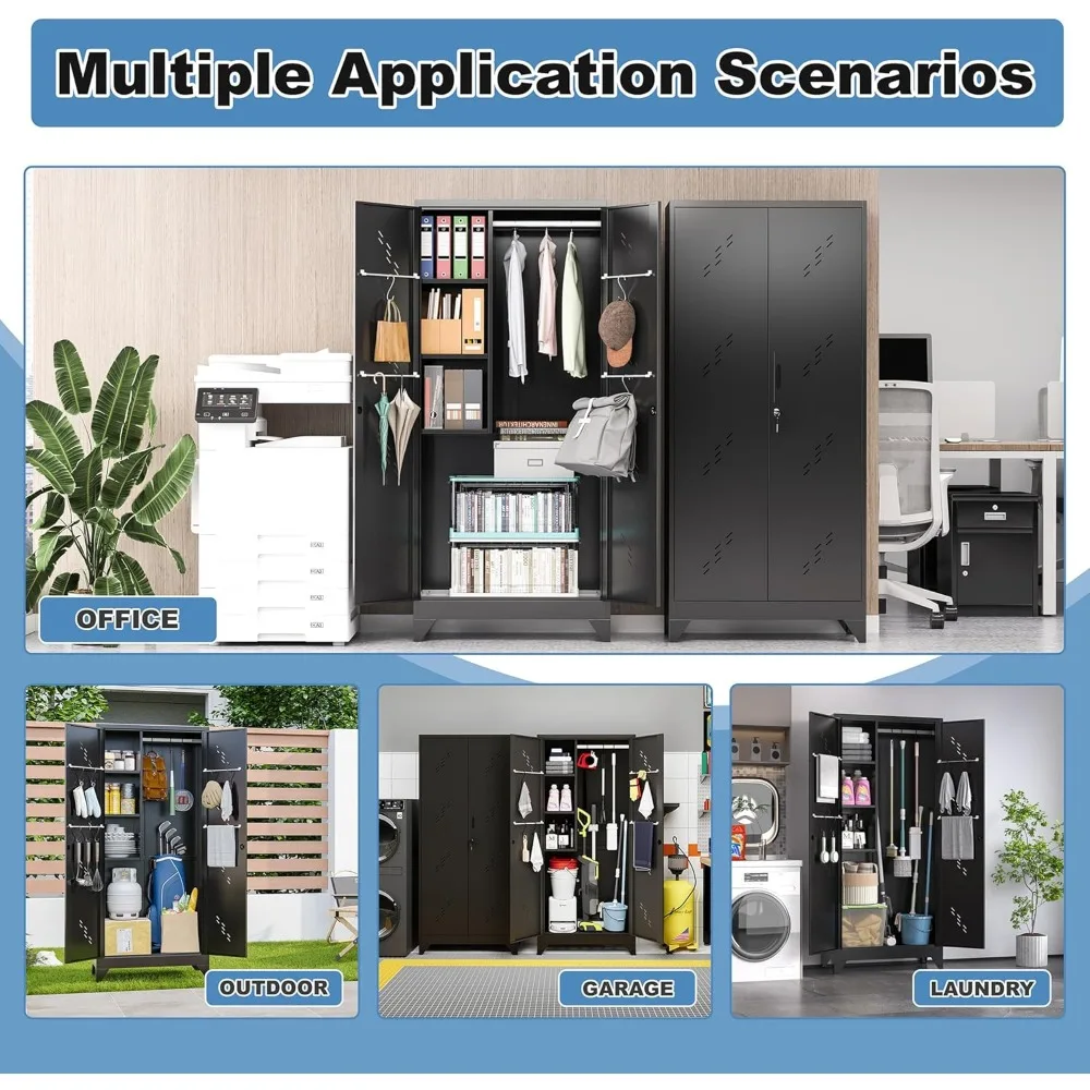 収納キャビネット、高さ75インチ x 幅33.8インチ x 奥行き16.5インチ、ロック付き扉付き大型ガレージキャビネット、広々としたスペース付きメタルキッチンパントリー