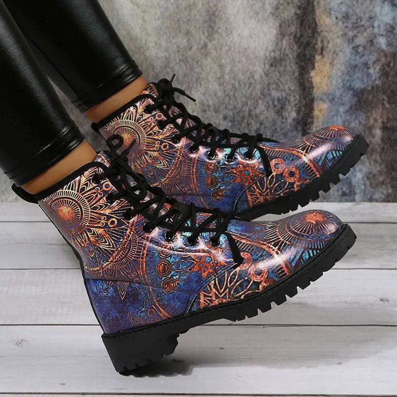 Boots Women\'s Autumn and Winter 2022 British Fashion Women\'s Tooling Boots Skull and Flower Print High-top Boots Ladies