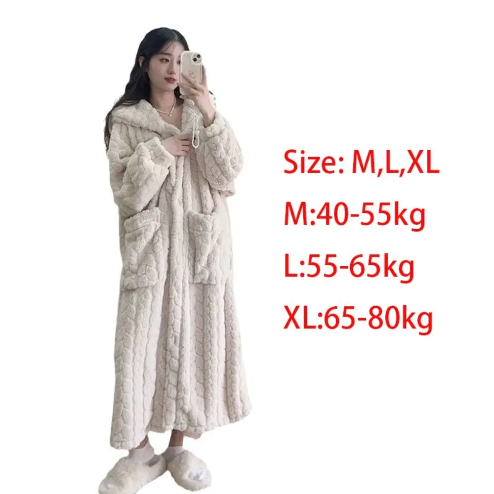 Kawaii Warm Winter Nightwear Cute Leisure Hooded Robes Soft Coral Fleece Nightgown