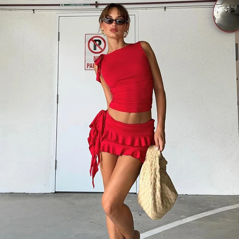 

Gtpdpllt Fashion Two Piece Set Crop Top And Mini Skirt Red Tiered Dress Y2k Clothes Sexy Summer Outfits For Women 2024