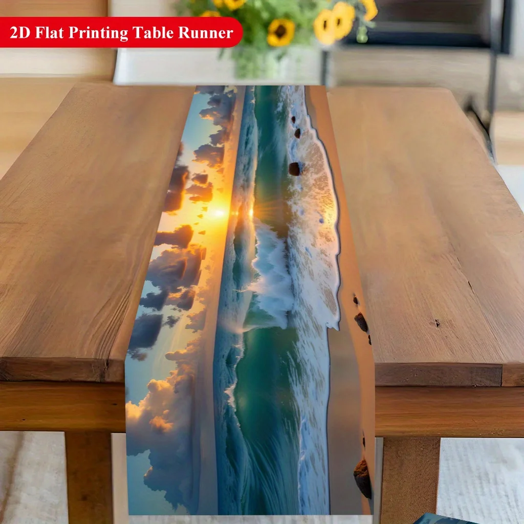 1 Piece of Table Runner with Beautiful Seaside Beach Sunset Scenery, Suitable for Farmhouse, Indoor, Kitchen, Celebrations, Table Decoration, Restaurant and Banquet Decoration Supplies