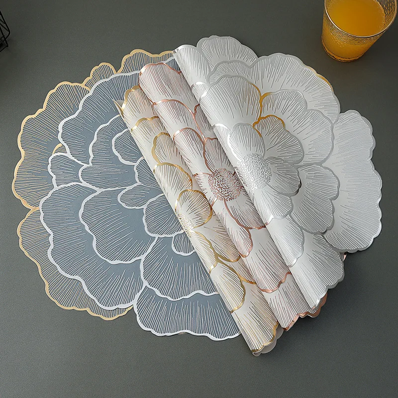 Luxury Peony Pvc Insulation Placemat Hot Stamping Dining Table Mat for Restaurant Hotel Romantic 8Pcs Soft Waterproof Home Decor