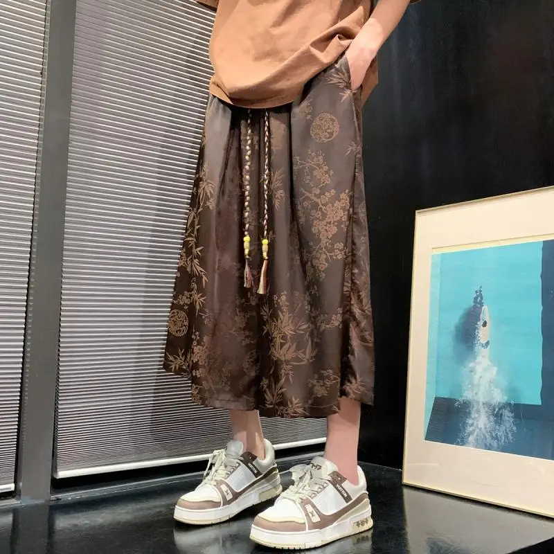 

Men's Casual Pants Chinese Style Plum Blossom Pattern Seven Quarter Shorts Men Summer Plus Size Loose Straight Wide Leg Pants