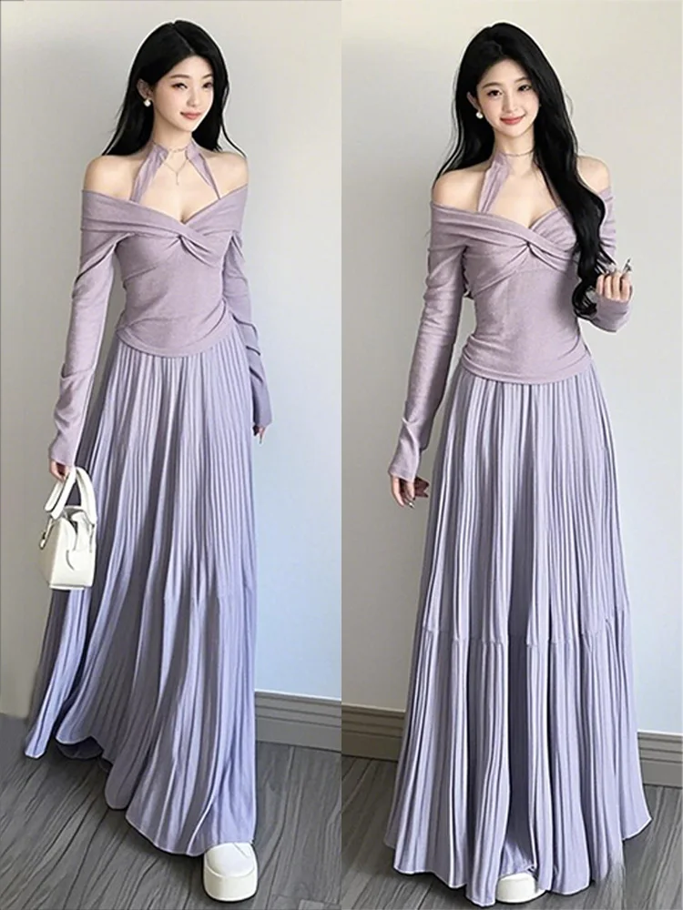 

Purple Chiffon A-Line Pleated Skirt Women's 2025 New Summer Mid-Length Puffy Cake Skirt Slimming High Waist Cotton Blend