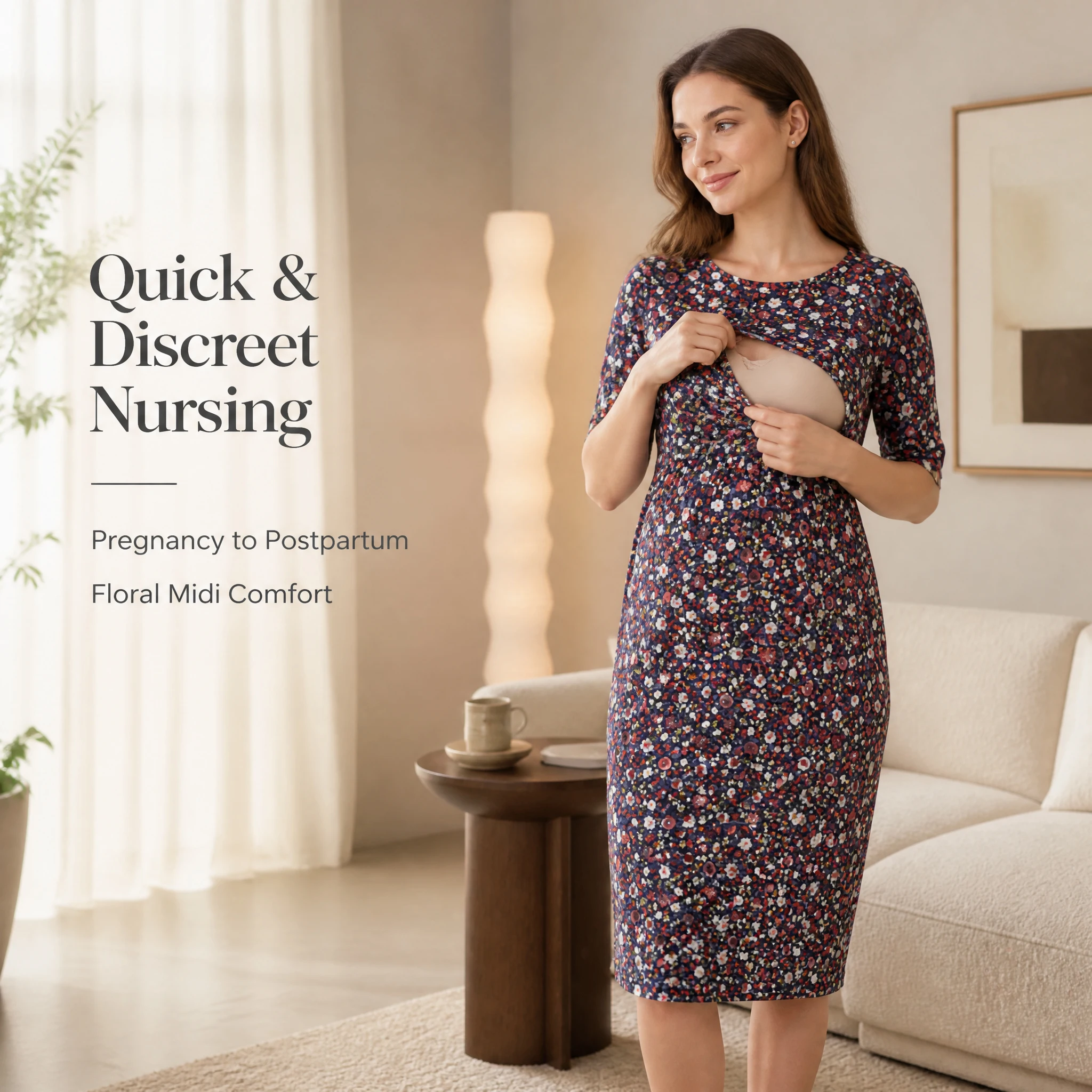 3/4 Sleeve Floral Nursing Maternity Dress Plus Size Round Neck Lift Front Feeding Design Bodycon Casual Midi Dress