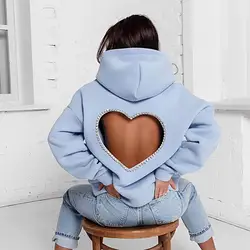 Women Hoodie Heart Shape Hooded Backless Hollow Out Rhinestone Keep Warm Pullover Solid Color Spring Hoodie for Club