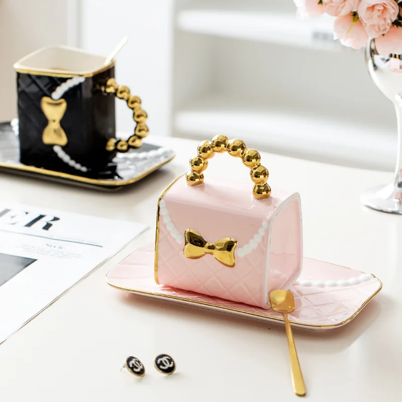 Stylish Pearl Bow Bag-Shaped Cup & Saucer Set - Ceramic Water Cup for Home & Office, Great for Afternoon Tea Time
