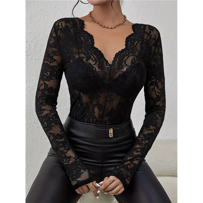 A83F-dentelle maille haut pour femmes à manches longues col en v pure Blouse voir à travers des hauts en dentelle florale