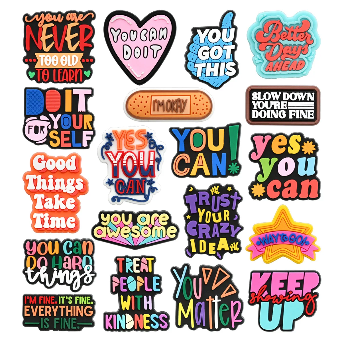 New Arrival Colorful Inspiring Quote PVC Shoe Charms Simple To Attach Stylish Decor Accessories For Clogs Perfect Teen Gift