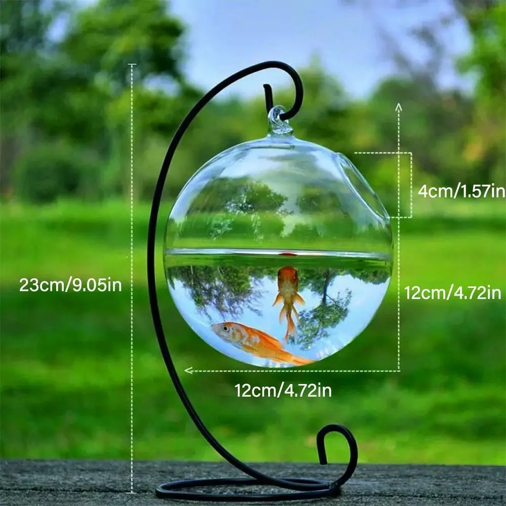 Round/Rectangle Shape Hanging Glass Aquarium Fish Tank Fish Bowl Transparent Vase Ornament With Rack Holder Home Decoration