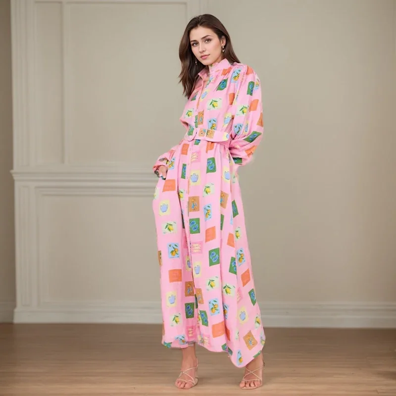 أنيقة مطبوعة الخصر فقاعة الصدر فستان طويل ضرب اللون عادية نصف الياقة المدورة قمصان طويلة الأكمام المرقعة حزام فساتين