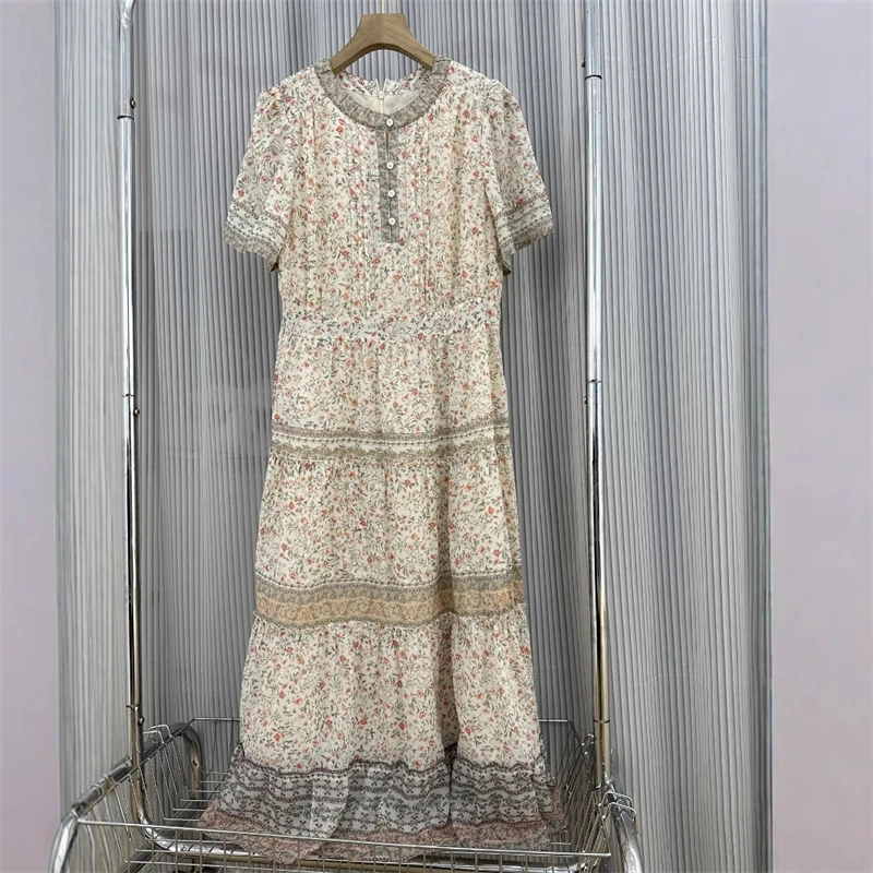 

Остров Южной Кореи 2025, новое летнее платье с цветочным принтом, женское свободное повседневное универсальное платье с круглым вырезом