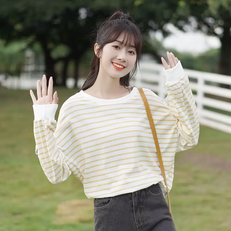 Fashion O-Neck Shirring Striped Lace Up Bow T-Shirt Female Clothing 2023 Spring Autumn New Casual Pullovers Sweet Tee Shirt