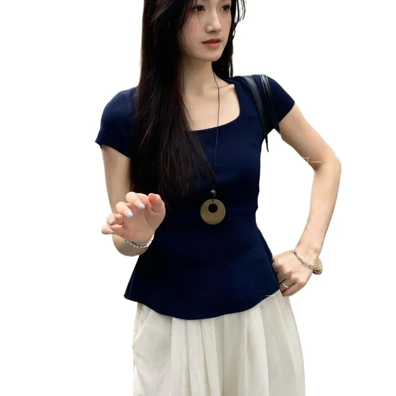 할로우 스퀘어 칼라 반팔 백 스트랩 탑 한국 인기 의류 Y2k Ropa De Mujer 그래픽 T 셔츠 여성 의류