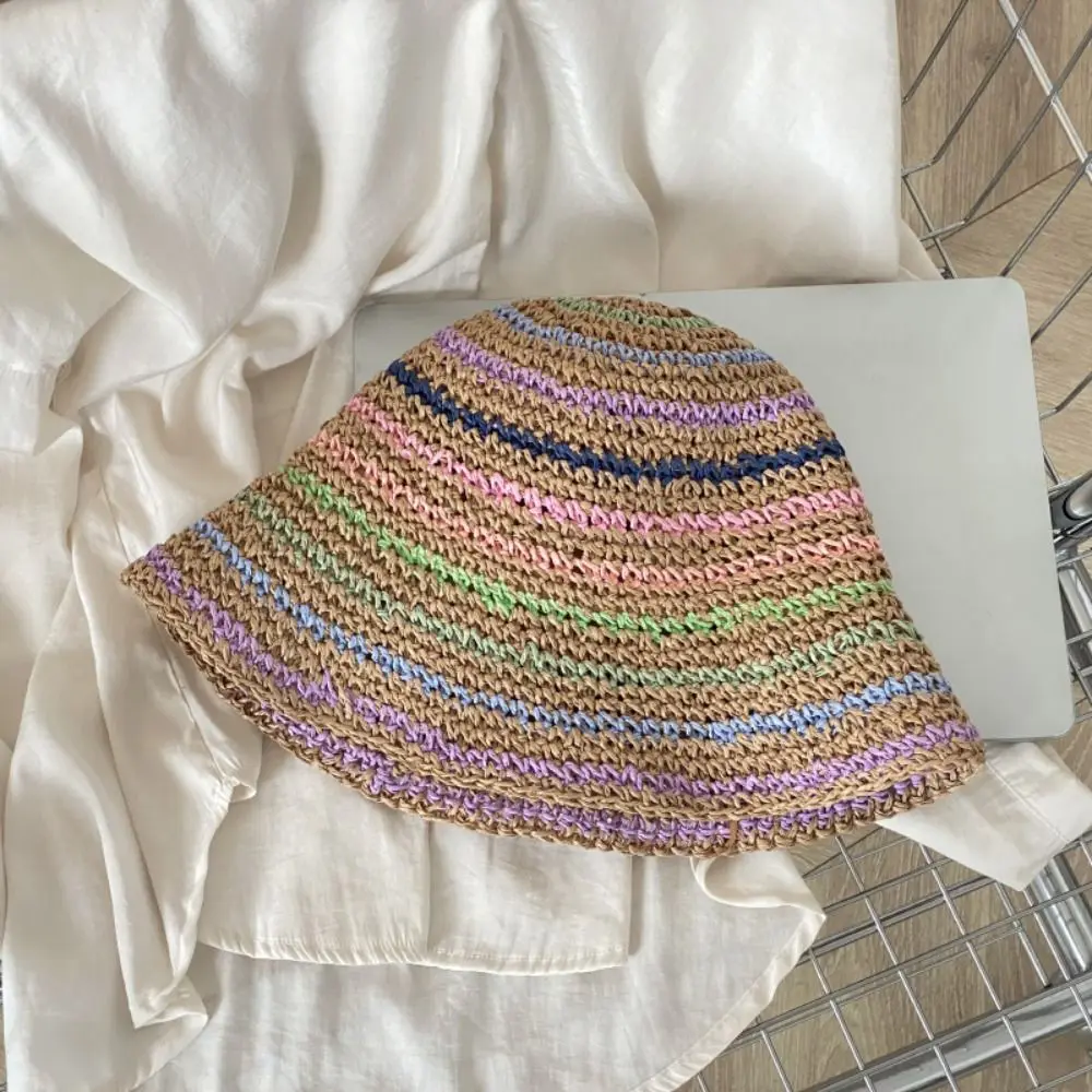 Topi Jerami Pantai Musim Panas Korea Topi Matahari Pelangi Buatan Tangan Wanita Topi Ember Bergaris Bertepi Lebar Anak Perempuan