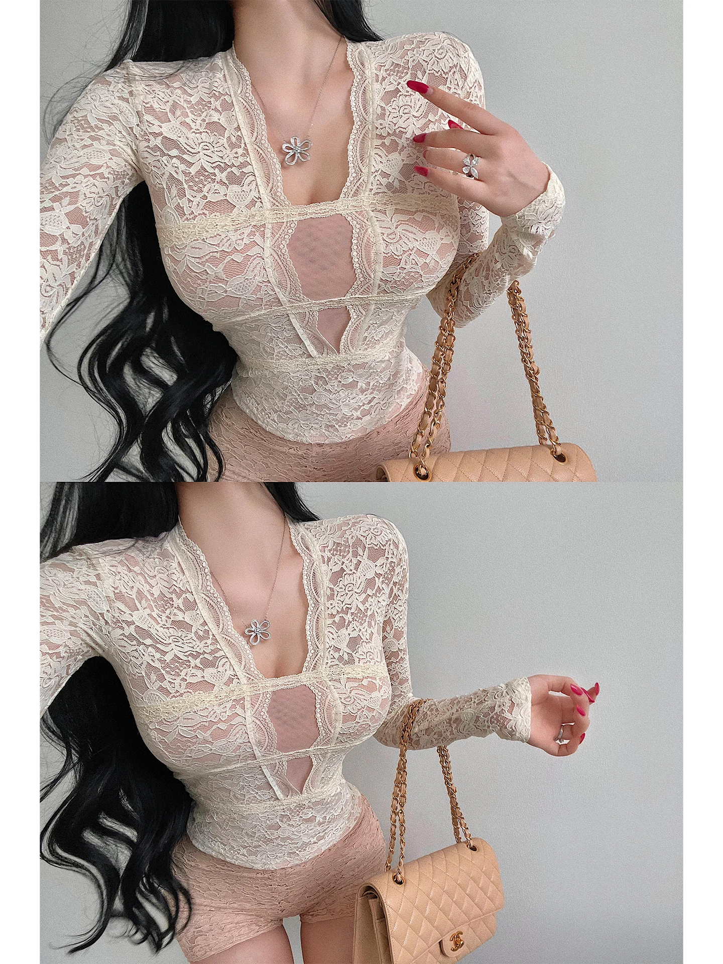 Sexy Slim Fit Long Sleeve Lace Shirt V Neck Waist Cinching Ladylike Style Casual Wear Chinese Production Women's Top