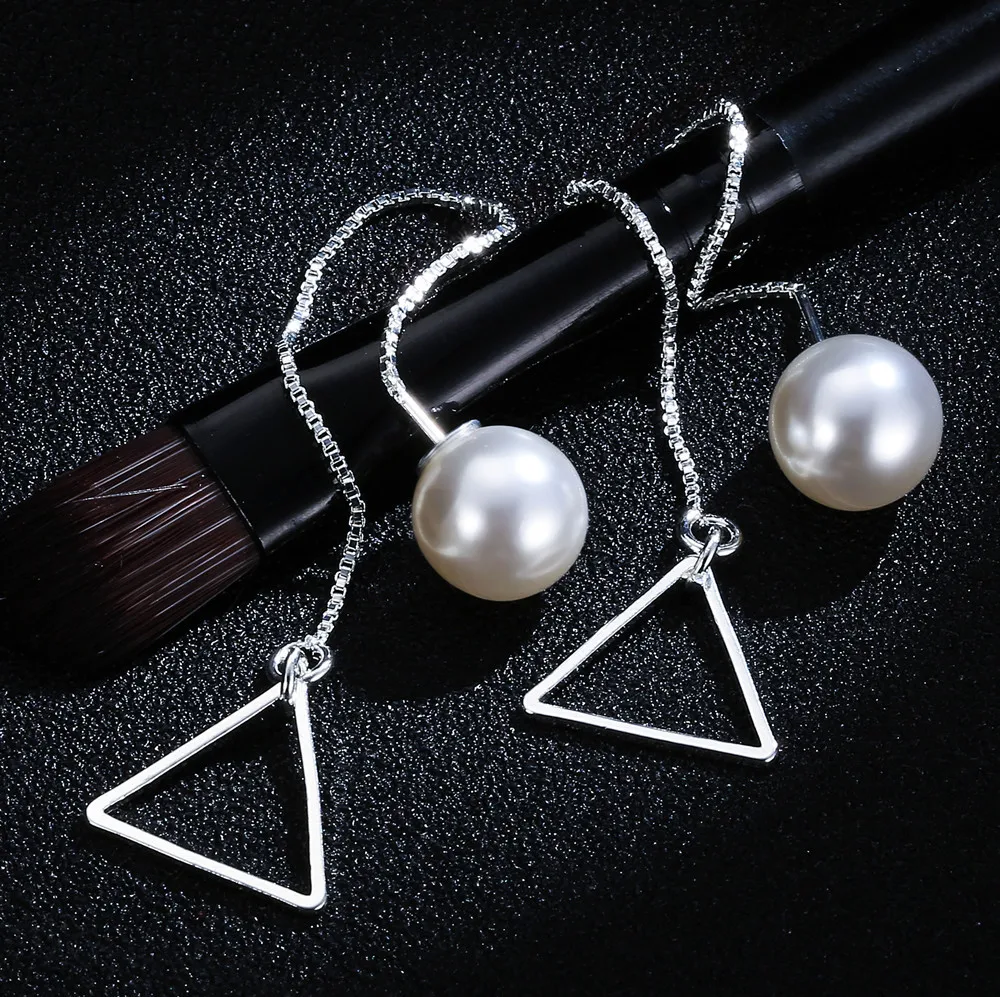 925 Sterling Silver Stud Earrings Fringed Star Heart Triangle Fan Long Pearl Geometric Stylish Dangle Jewelry for Women