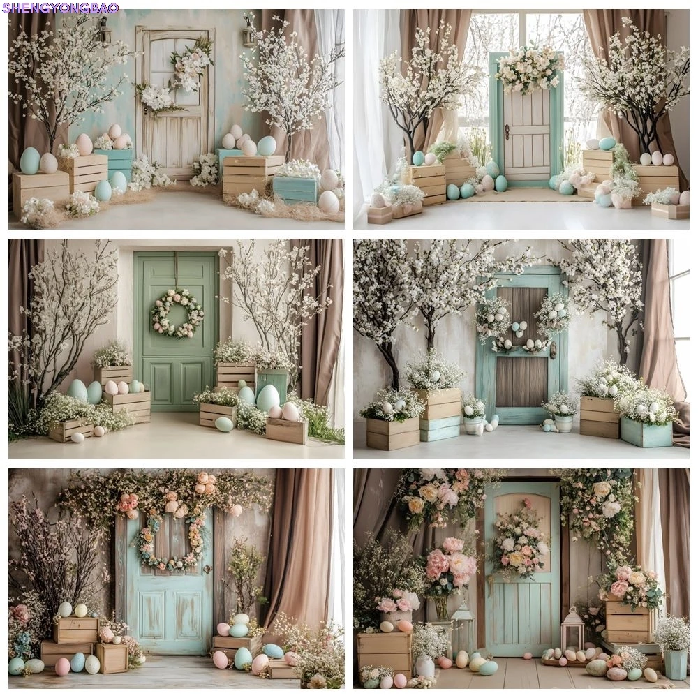 

Easter Decoration Photography Backdrop Spring Flower Tree Wood Door Eggs Baby Shower Portrait Birthday Party Photo Background