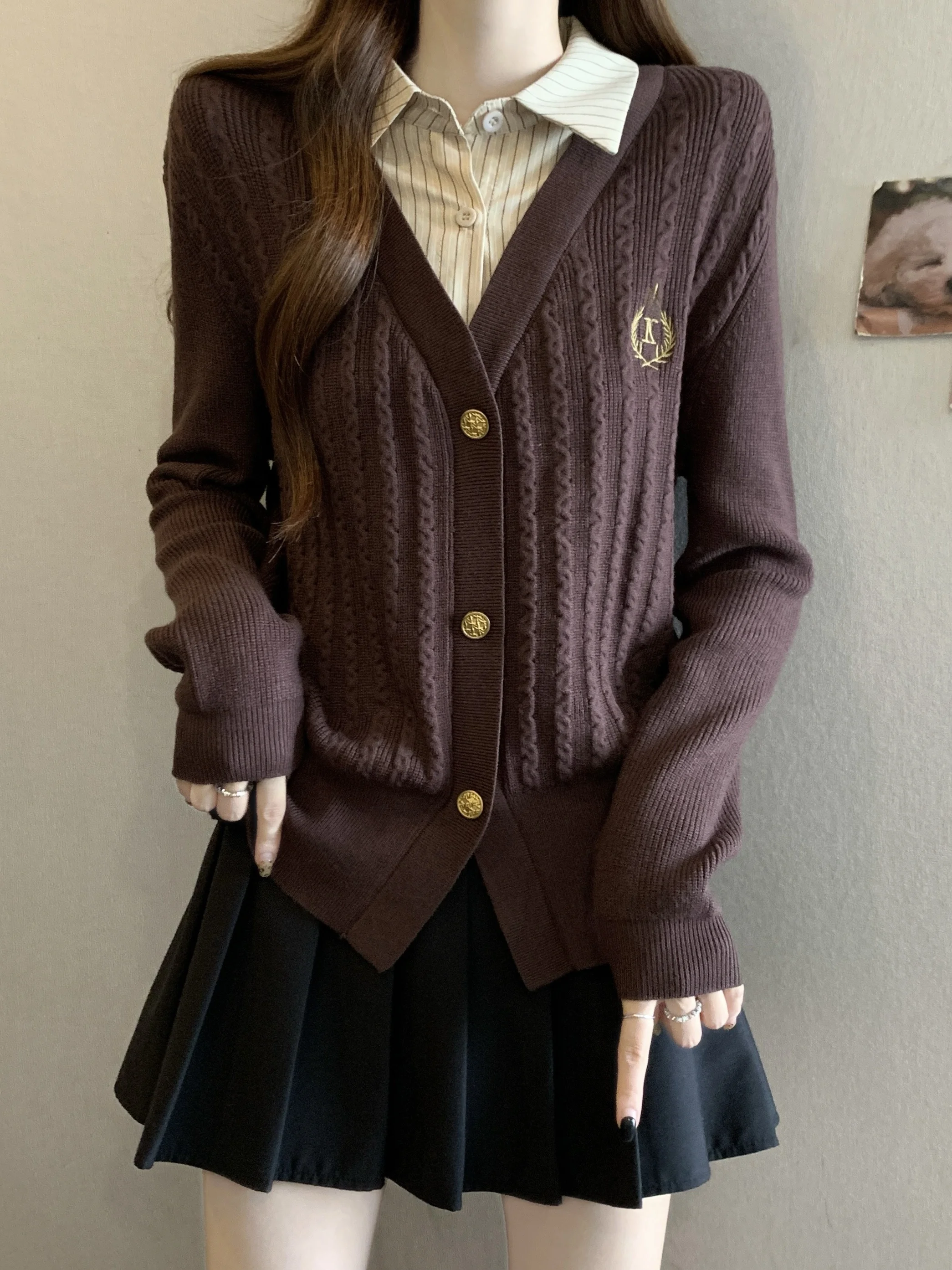 

Кофейный вязаный свитер с круглым вырезом для женщин больших размеров, скрывающий живот, утягивающий, базовый слой, в студенческом стиле, свободный крой