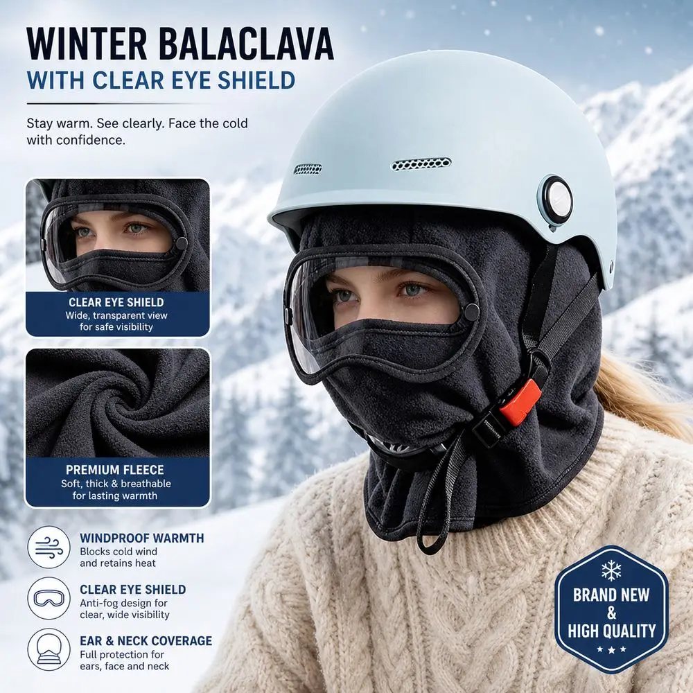 New Fleece Winter Balaclava Windproof with Clear Eye Shield Skiing Masks Full Coverage Warm Lining Cycling Cap Men Women
