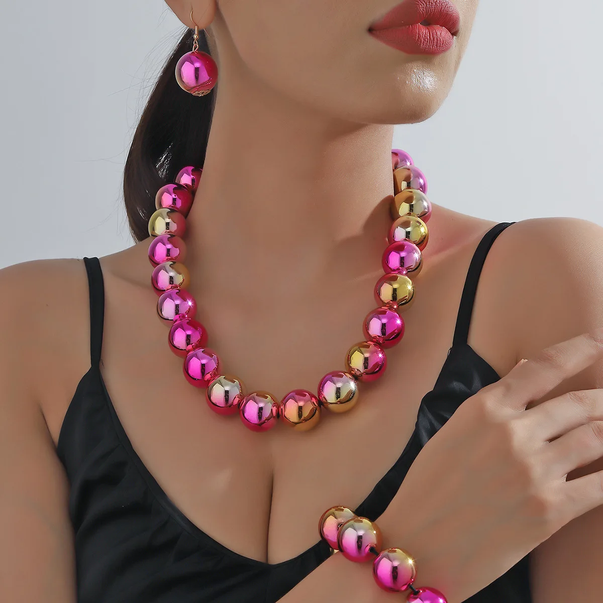 

Novel Titanium Steel Electroplate Golden Silvery Round Beads Bracelet Necklace For Women New Trend Jewelry Set Gifts