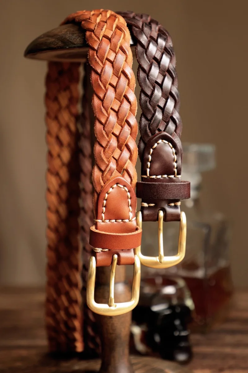 Vintage Handmade Braided Belt Genuine Leather Woven Casual Dress Belt 1-1/8