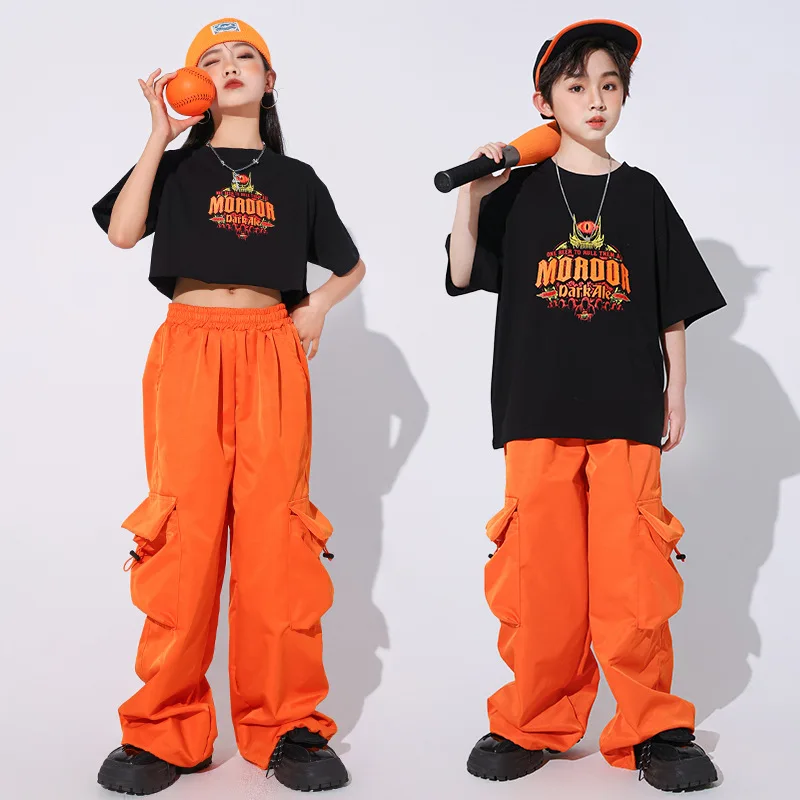 Kid Hip Hop Clothing Black Graphic Tee Crop Top T Shirt Orange Casual Pocket Cargo Pants for Girl Boy Jazz Dance Costume Clothes