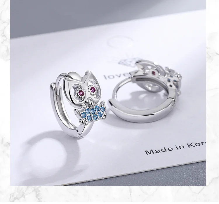 Pendientes de aro de animales bonitos de cristal de Plata de Ley 925 con sello para mujer, pendiente de búho coreano Simple, regalo de joyería para fiesta y boda