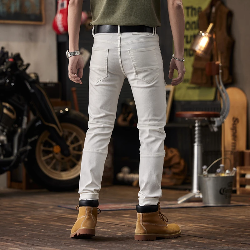 White motorcycle jeans men's fashion brand multi-pocket design Stretch Slim fit skinny personality smart trousers