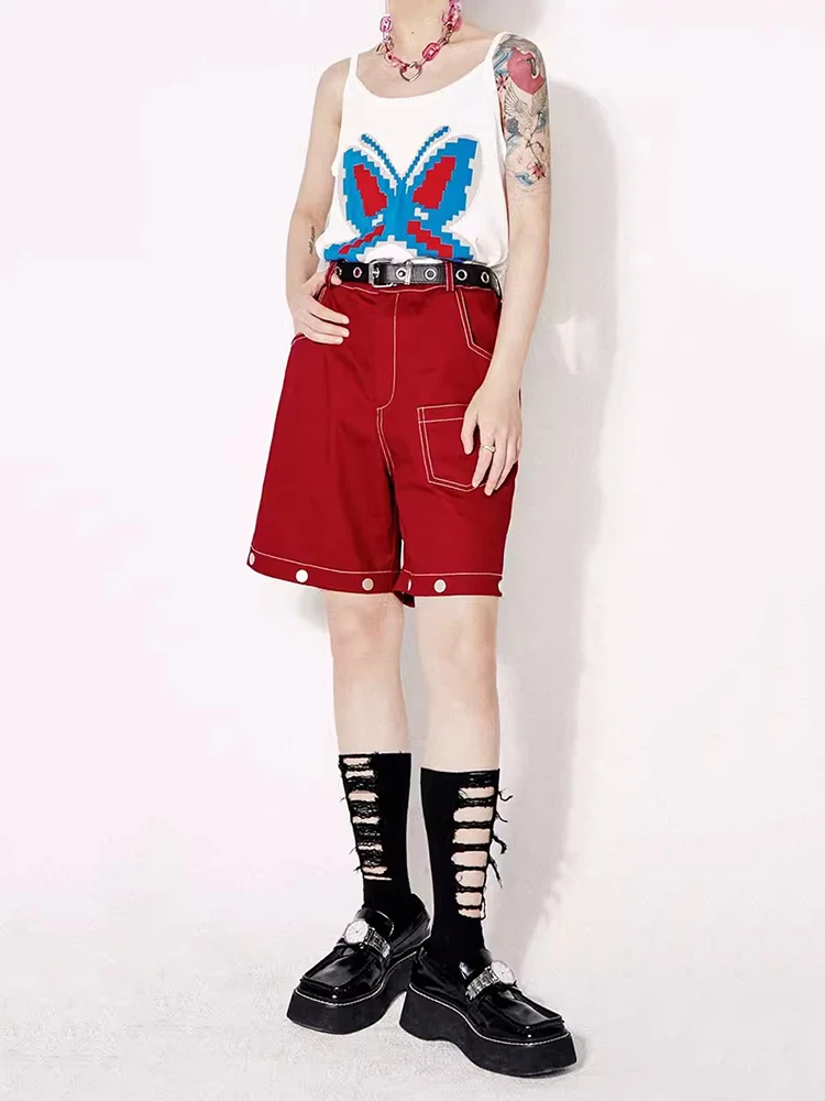 ReddaChic Hip-hop Women Red Cargo Pants 2-In-1 Detachable Baggy Jeans Y2k Wide Leg Jorts Trousers 90s Retro Skater Streetwear