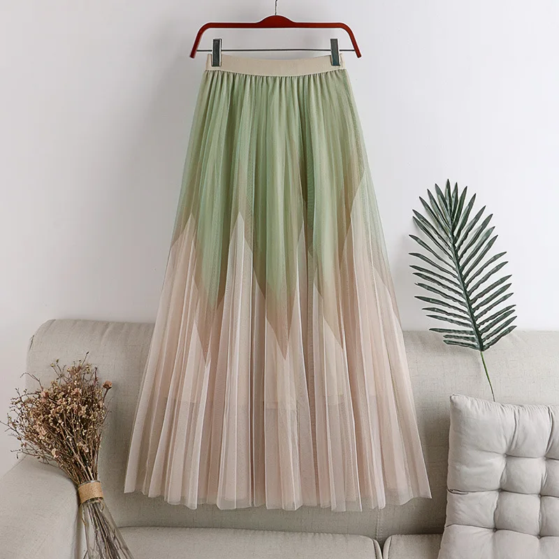 Green High Waist Tulle Skirts Women 2022 Spring Summer Sweet Tutu Skirt Female Mesh Midi Skirt Jupe Longue Femme