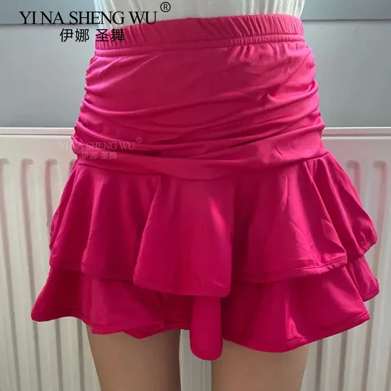 تنورة رقص لاتينية للفتيات فستان رقص سامبا تشا تشا حرير الحليب نصف طول طبقة مزدوجة ممارسة تنورة أداء الرقص