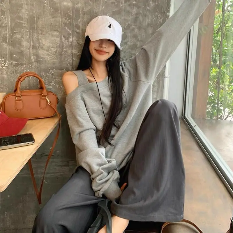 Skew Collar Sweatshirts Female Off Shoulder Top Tee 2024 New Casual Loose All-match Mid Length Top Autumn Simplicity T-Shirts