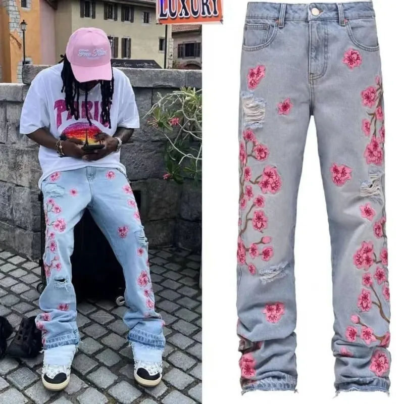 

Men Jeans Print Straight Pants Men Denim Jean Button Pockets Pants Streetwear High Street Mid Waist Hole Spliced Spring Summer