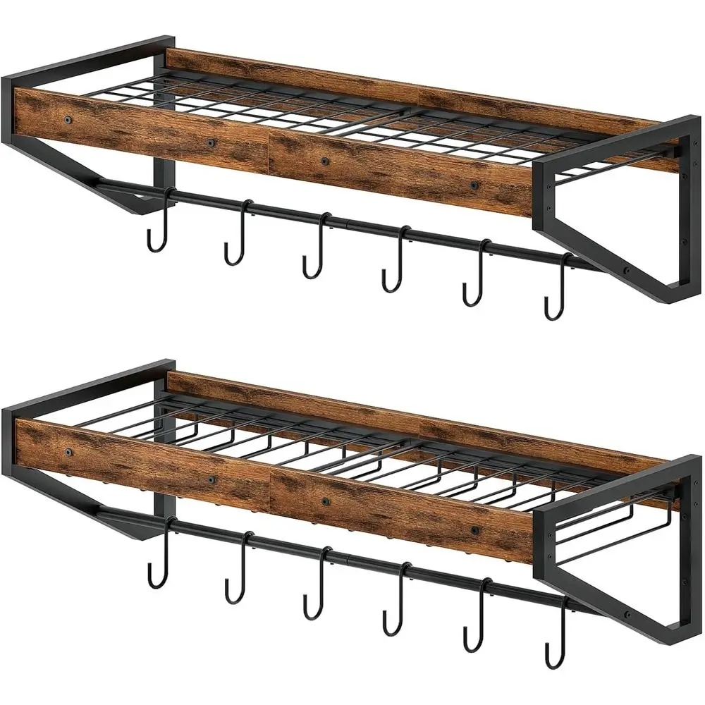 منظمو رف بغطاء وعاء مزدوج مع 12 خطافًا، بني ريفي وأسود، حل تخزين المطبخ للأواني والمقالي #1