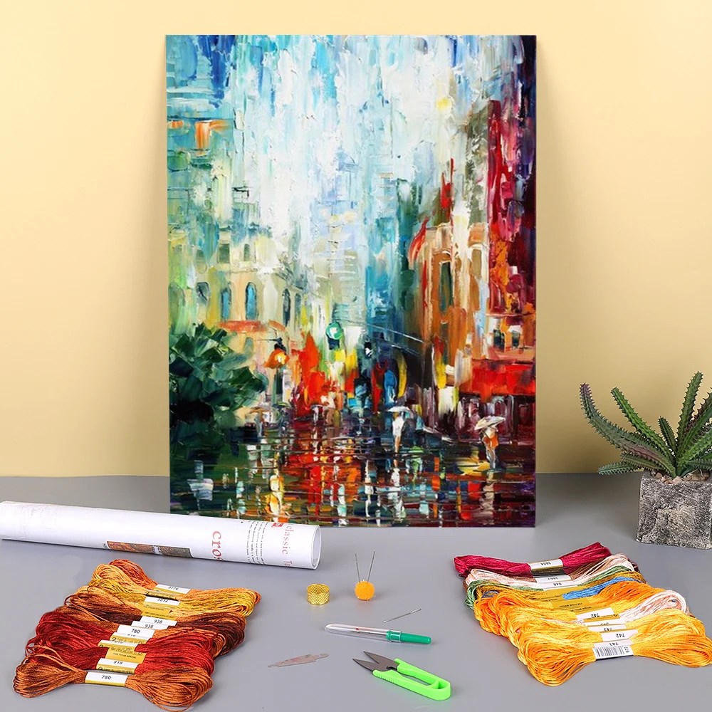 Oil Painting Style New York Printed Fabric 11CT Cross Stitch DIY Embroidery Full Kit DMC Threads Needlework       Adults