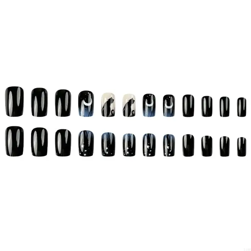 24 PCs schwarze Katzen kleben auf Nagelverlauf künstlicher Nagelmond und Sterne falsche Nagelglanzpresse auf Nagel für Frau T4MB
