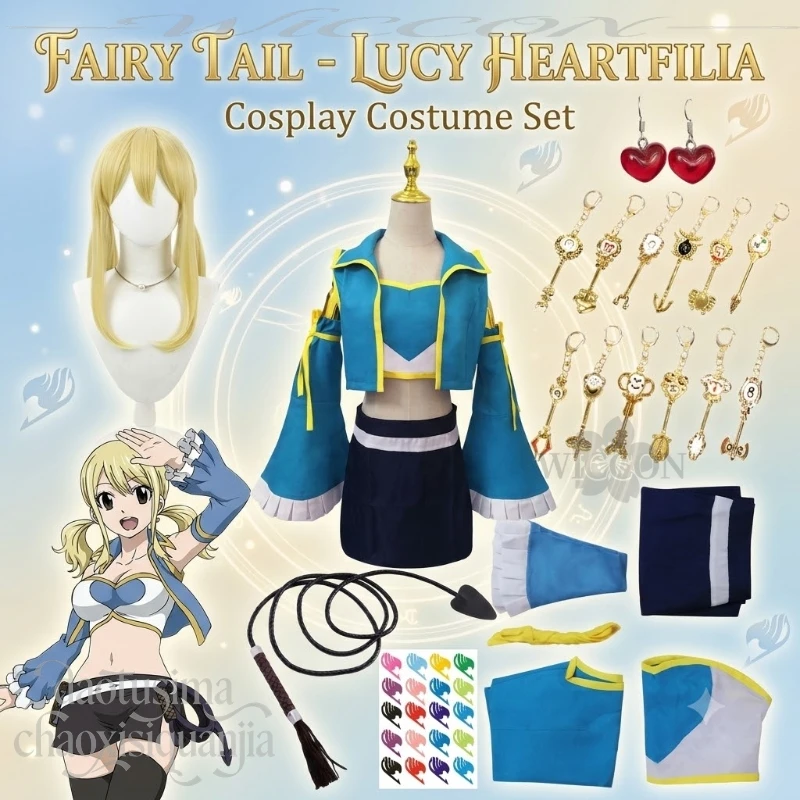 Disfraz de Lucy, Top Azul de Manga Larga, Mini Vestido, Accesorios, Pendientes, Llavero, Cola, Disfraz de Halloween, Cosplay de Anime FAIRY TAIL Temporada 2