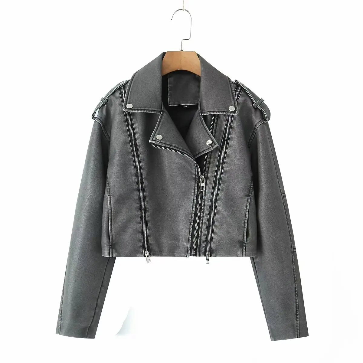 Damska w stylu Vintage luźna, sprana ze sztucznej skóry, krótka kurtka Streetwear damski pasek na zamek motocyklowy odzież wierzchnia płaszcz Retro — zdjęcie 2