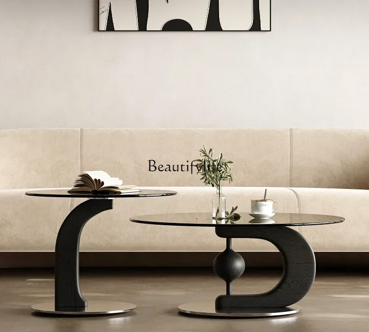 

x4 Designer Italian Solid Wood Tea Table Combination Size round Stainless Steel Metal High-End Art