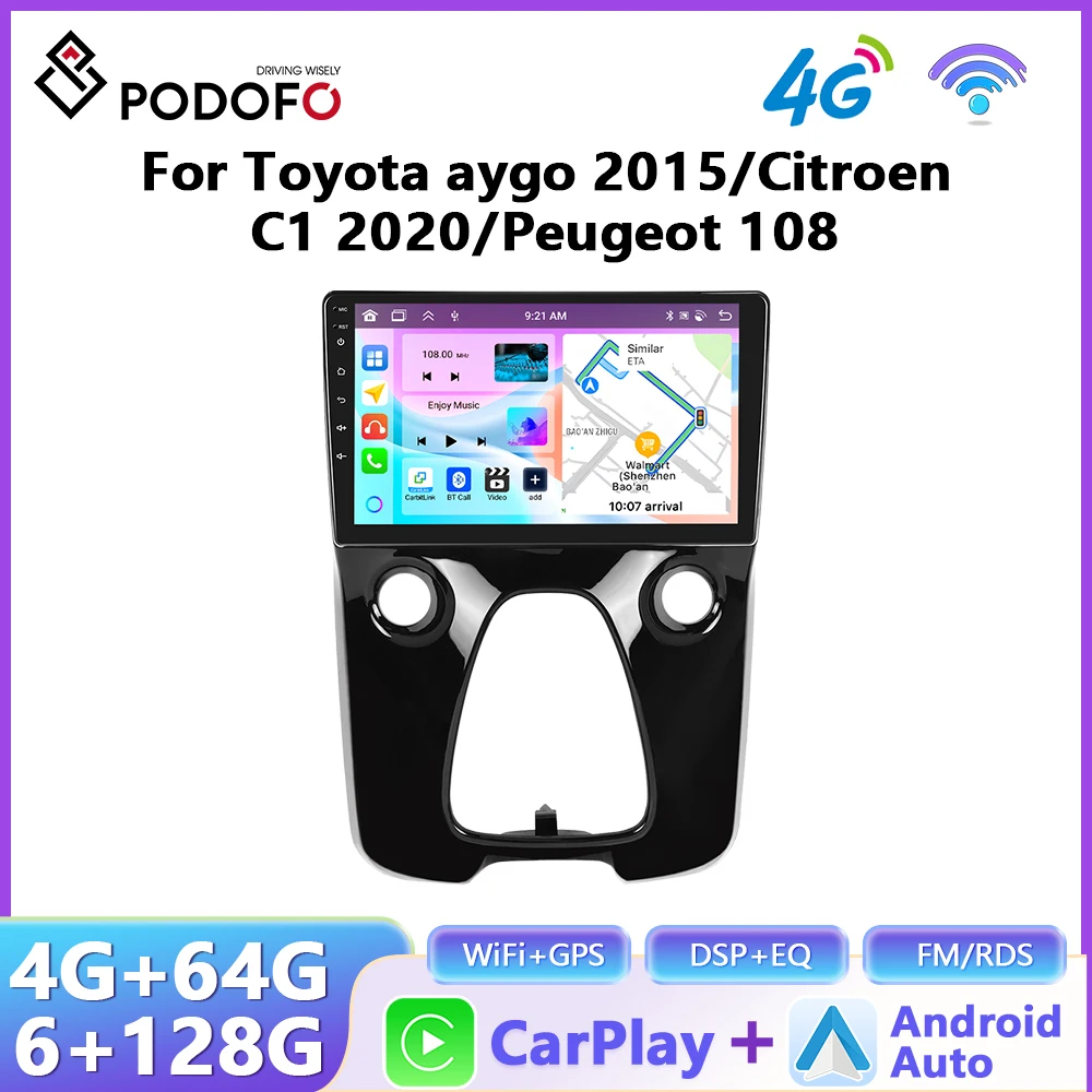 Radio para Auto Podofo para Toyota Aygo 2015 / Citroen C1 2020 / Peugeot, CarPlay Inalámbrico, Android Auto, WiFi, GPS, Estéreo, Mirrorlink, RDS