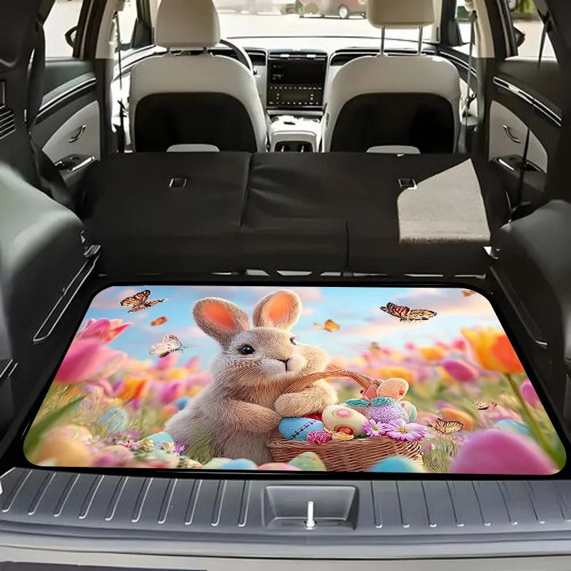 1pc Stylish Car Trunk Mat WithCheerful Fluffy Brown Easter Bunny With Large Pinkish-Orange Ears In Vibrant Tulip Field, Holding