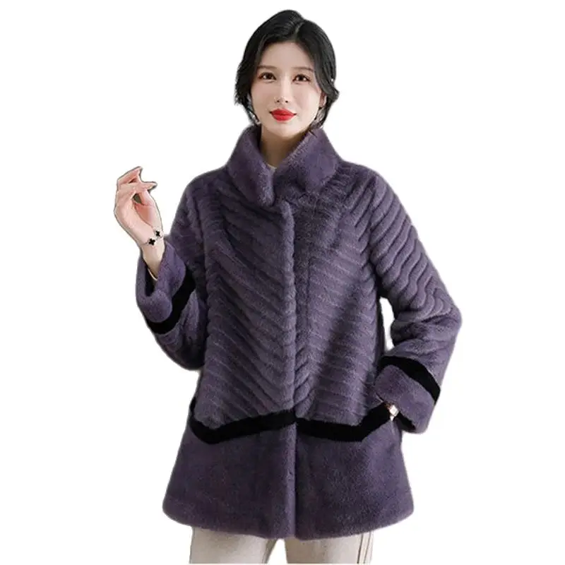 Cappotto di velluto di visone invernale di moda nuovo collo alla coreana da donna di mezza età temperamento medio anziano sciolto caldo imitazione FursCoat