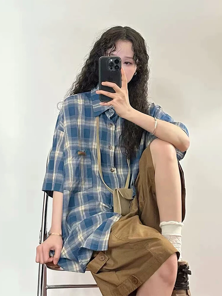 HOUZHOU Harajuku Plaid Shirts Coat Women Oversize Short Sleeve Women\'s Checkered Cardigan Blouses Japanese Streetwear Hip Hop