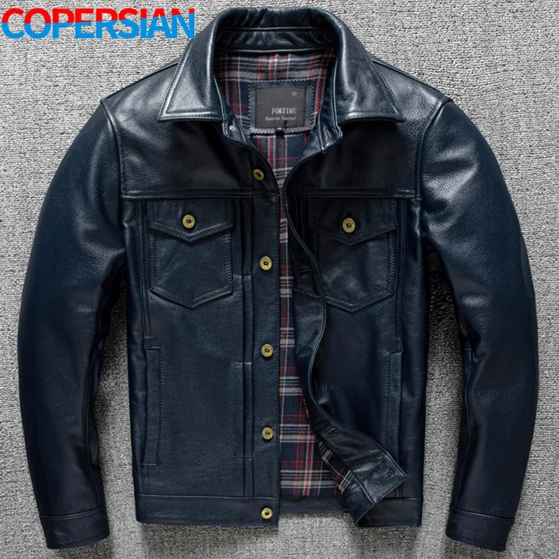 2025 Men's Leather Denim Jacket Fashion Slim Calfskin Cropped Plus Size Leather Jacket Blue