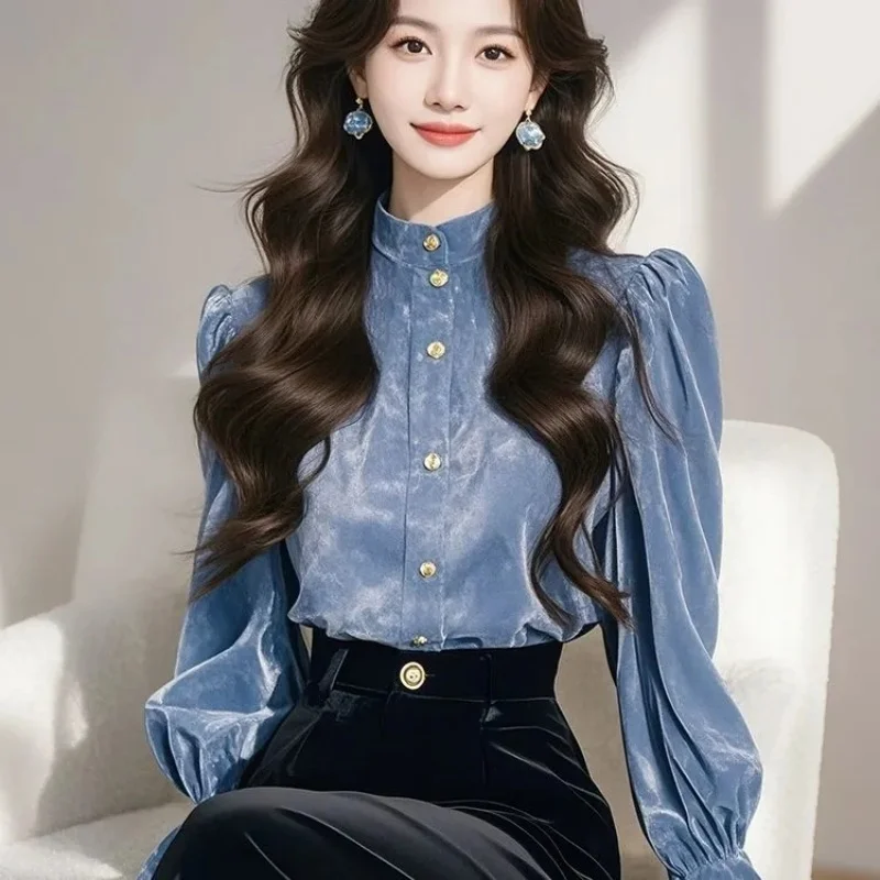 

2025 Spring and Autumn New Style Light Luxury Top with High Quality Charm Blue Stand Collar Velvet Shirt Elegant w1390
