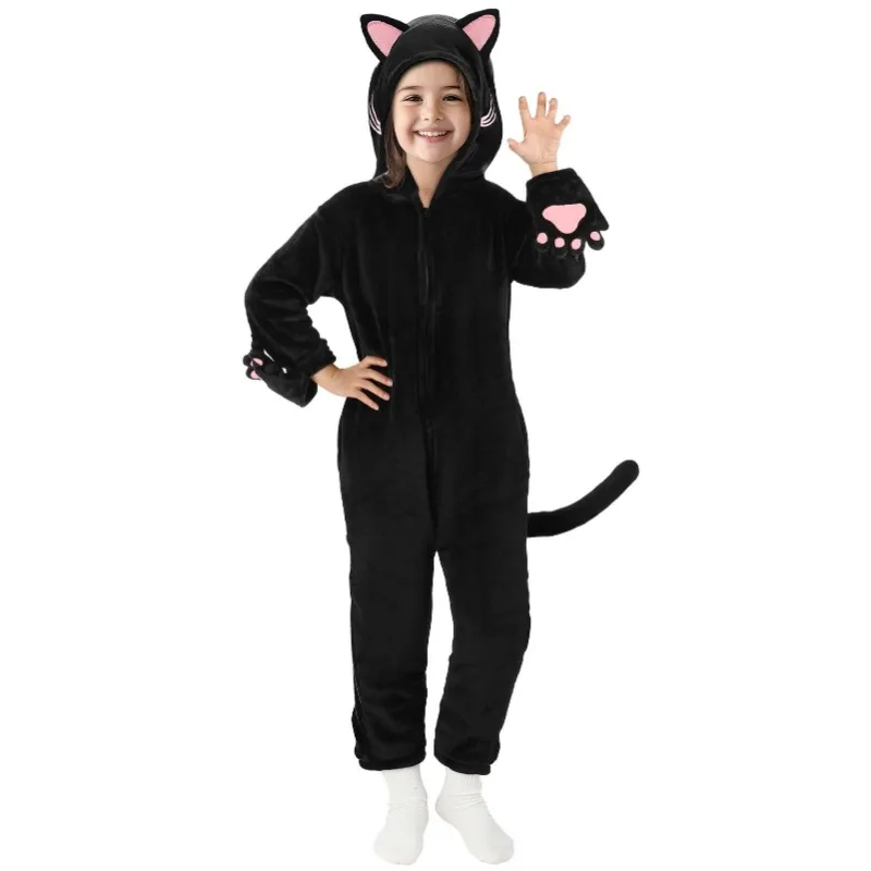 Christmas Girls Black Cat Leopard Cat Cosplay Costume Child Anime Pajamas Animal Onesies Kigurumi Halloween Jumpsuit Party Gift
